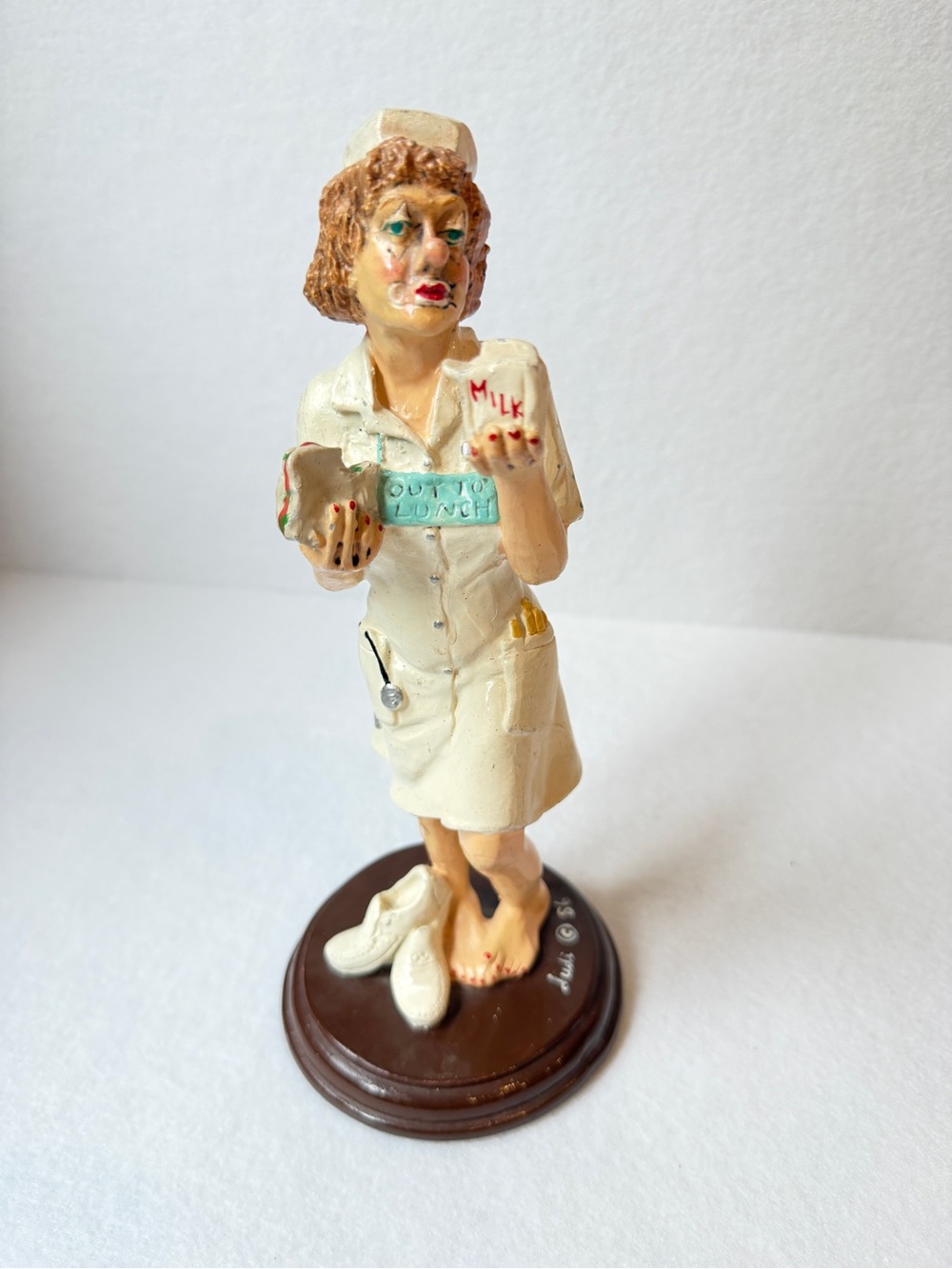 Vintage '86 Hand-Signed Judi's Pastime Clown Figurine, Nurse Pill, Out to Lunch